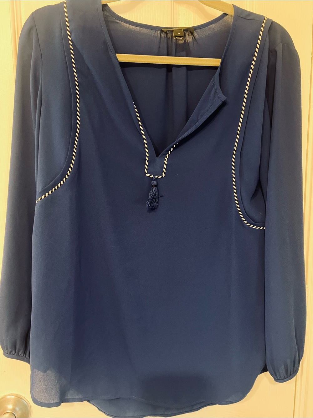 J.Crew Blue Long-Sleeve Tassel V-Neck Blouse – Size 0